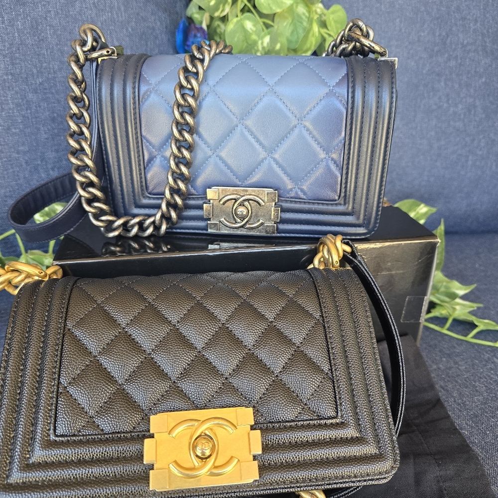 Authentic Chanel Boy Quilted Ombre Calfskin Blue and Black Colors